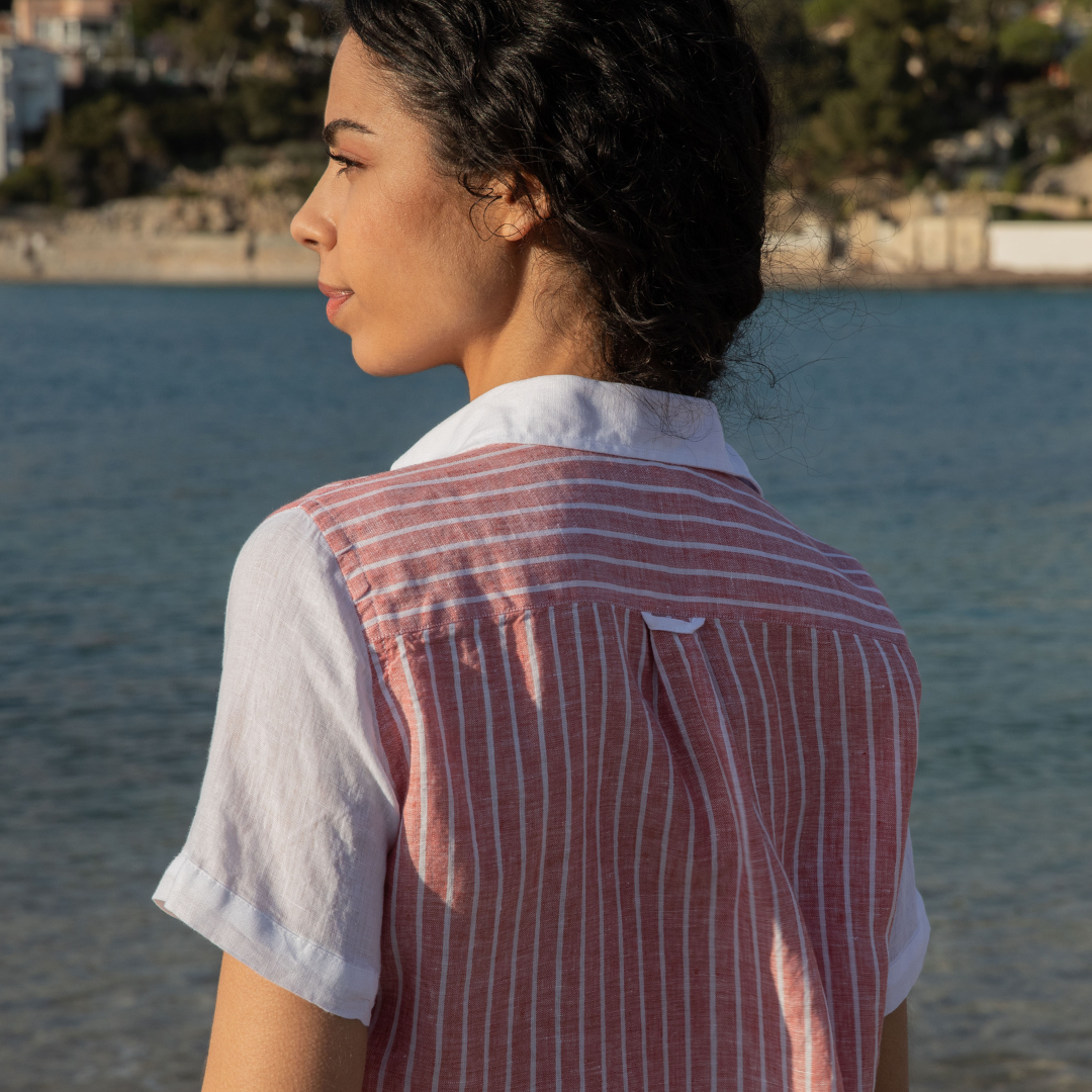 Robe Chemise manches courtes Santorin Red Stripes en lin