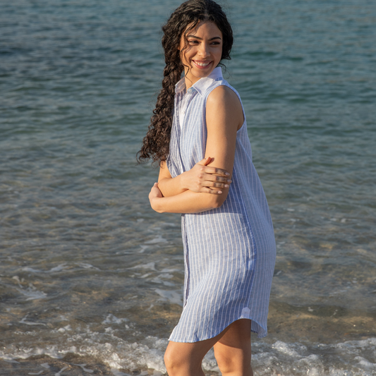 Robe chemise sans manches Mykonos Blue Stripes en lin