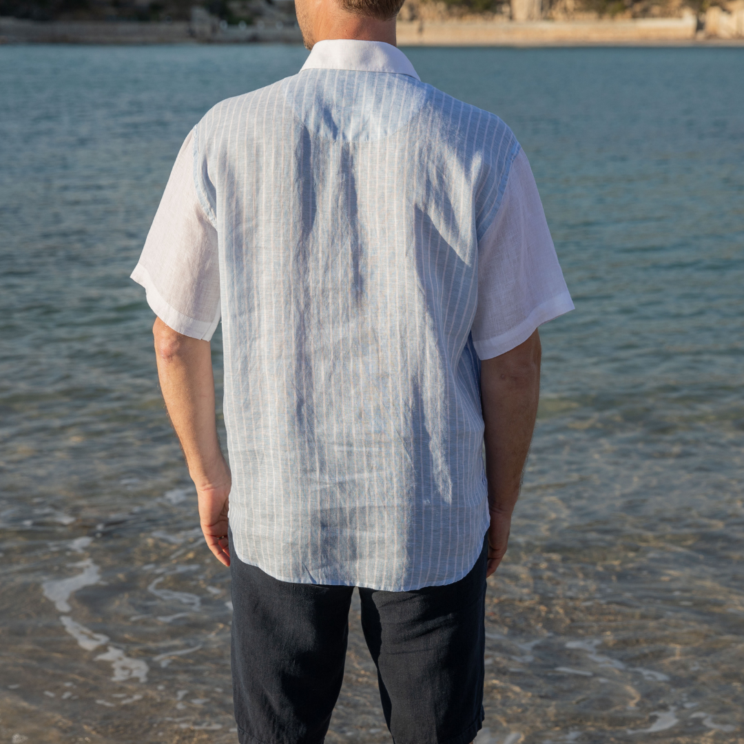 Chemise polo manches courtes Mykonos Blue Stripes en lin