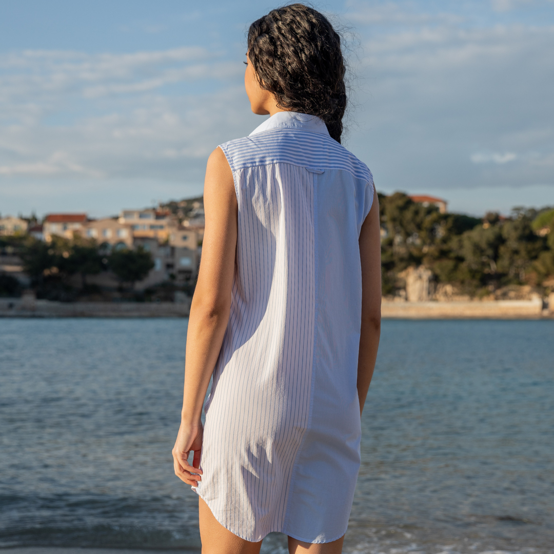 Robe chemise sans manches Portofino Blue Stripes en coton