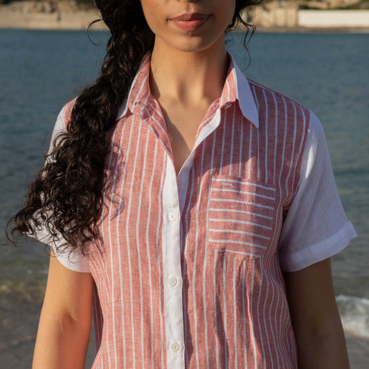 Robe Chemise manches courtes Santorin Red Stripes en lin