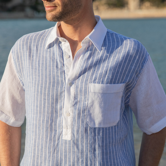 Chemise polo manches courtes Mykonos Blue Stripes en lin
