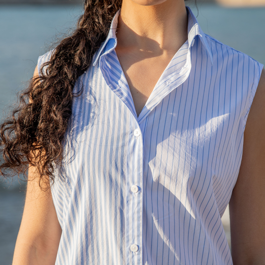 Robe chemise sans manches Portofino Blue Stripes en coton