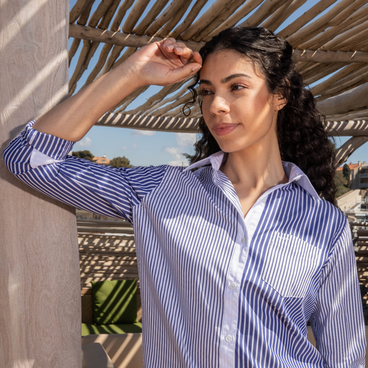 Robe chemise manches longues La Baule Blue Stripes en coton