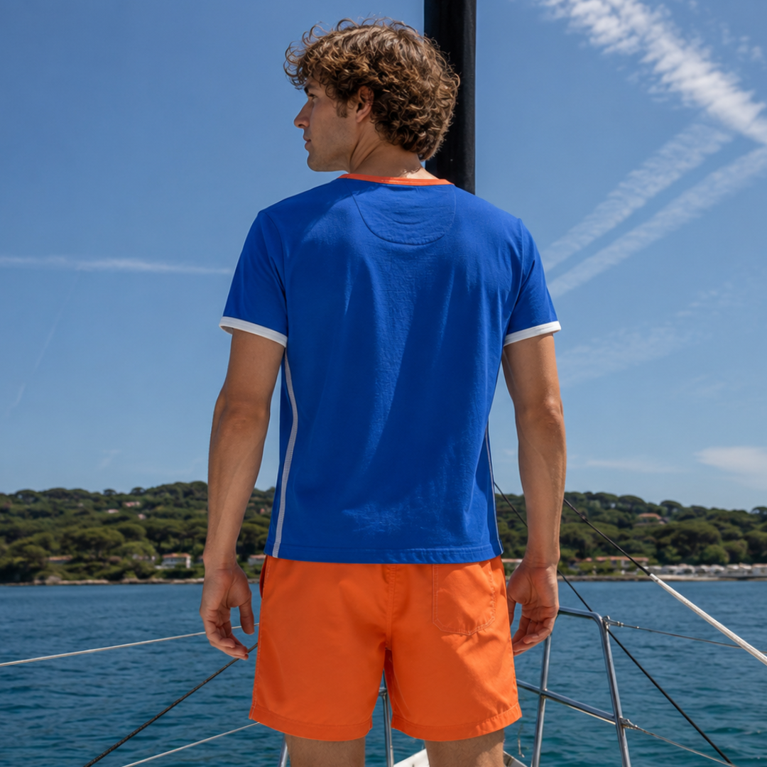 Mykonos Blue Stripes short-sleeved linen polo shirt