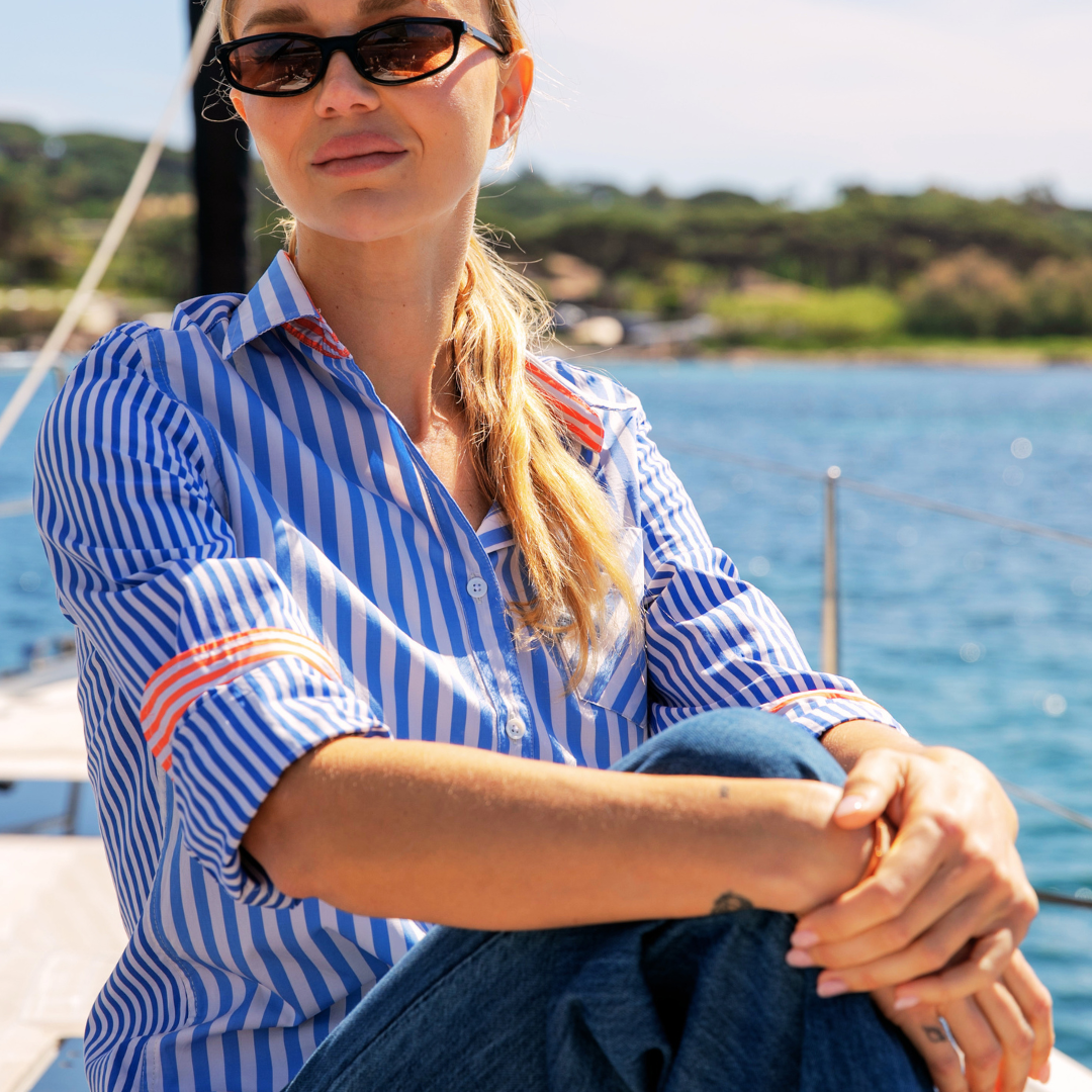 Chemisier décontracté Antibes Blue Stripes en coton double retors