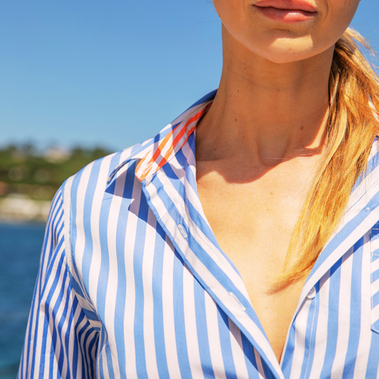 Robe chemise trapèze Antibes Blue Stripes en coton double retors