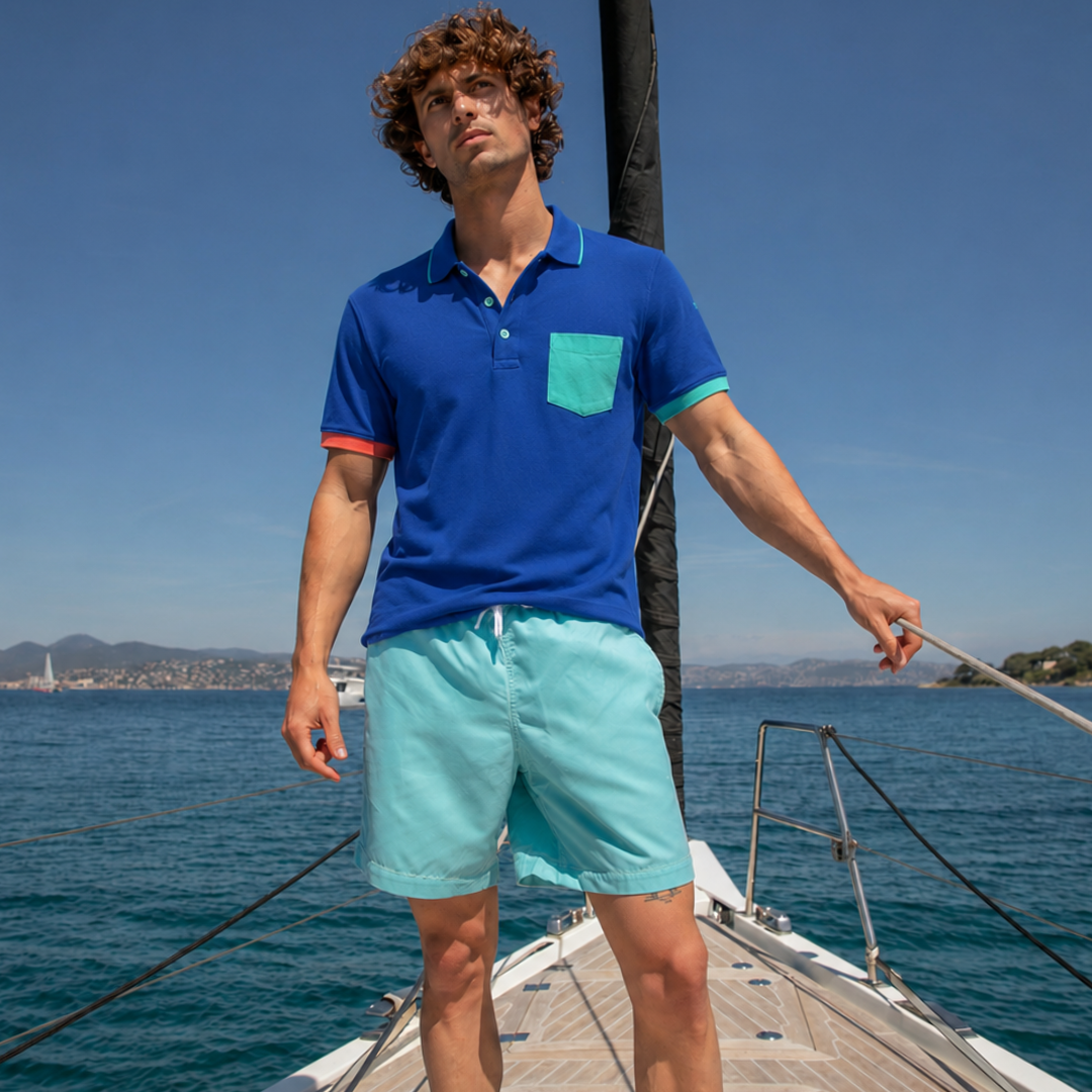 Mykonos Blue Stripes short-sleeved linen polo shirt