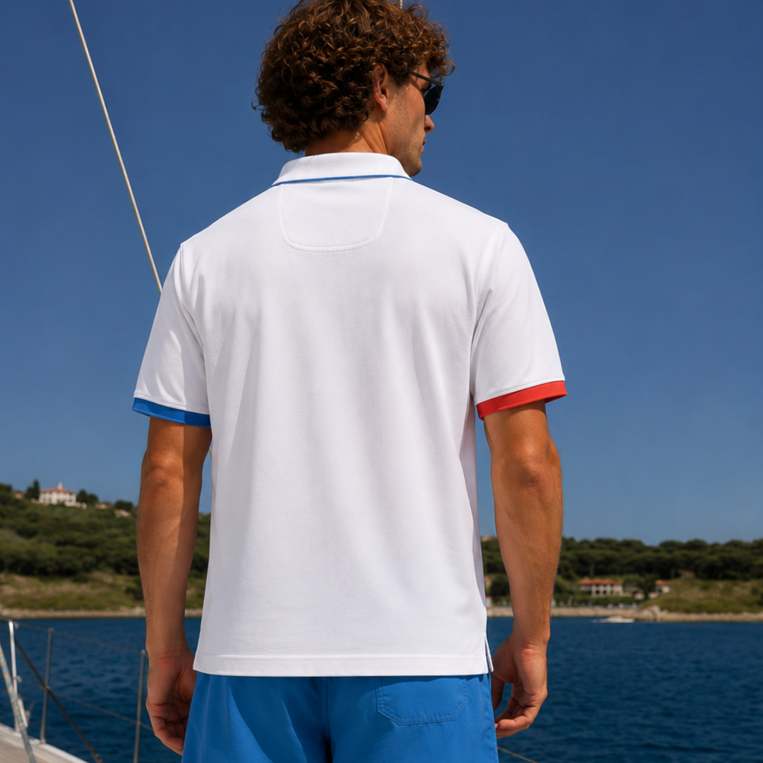 Mykonos Blue Stripes short-sleeved linen polo shirt