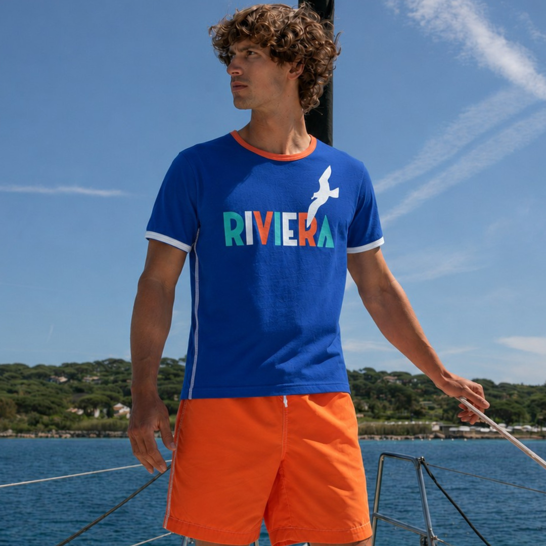 Mykonos Blue Stripes short-sleeved linen polo shirt