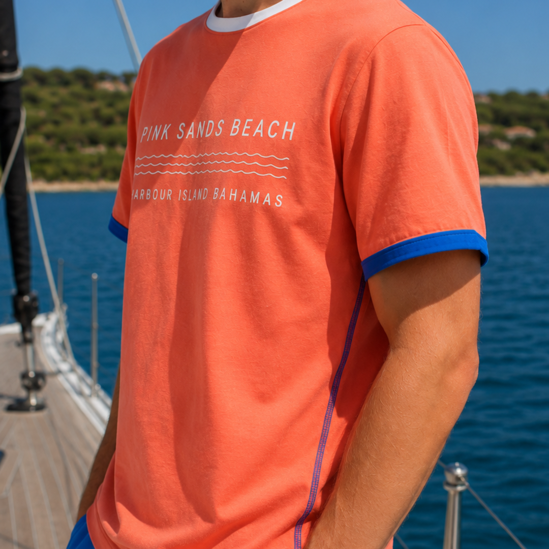 Mykonos Blue Stripes short-sleeved linen polo shirt