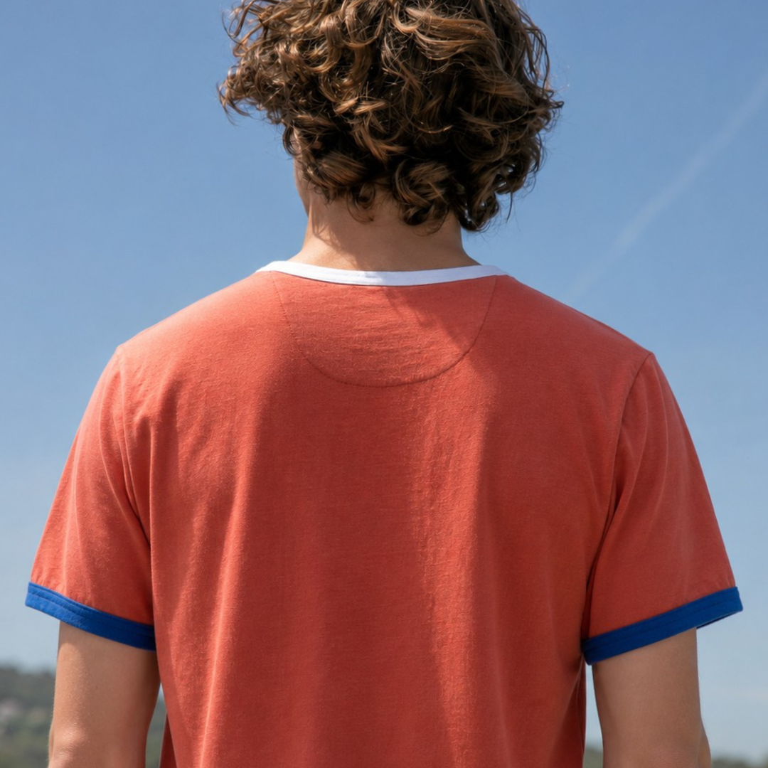 Mykonos Blue Stripes short-sleeved linen polo shirt